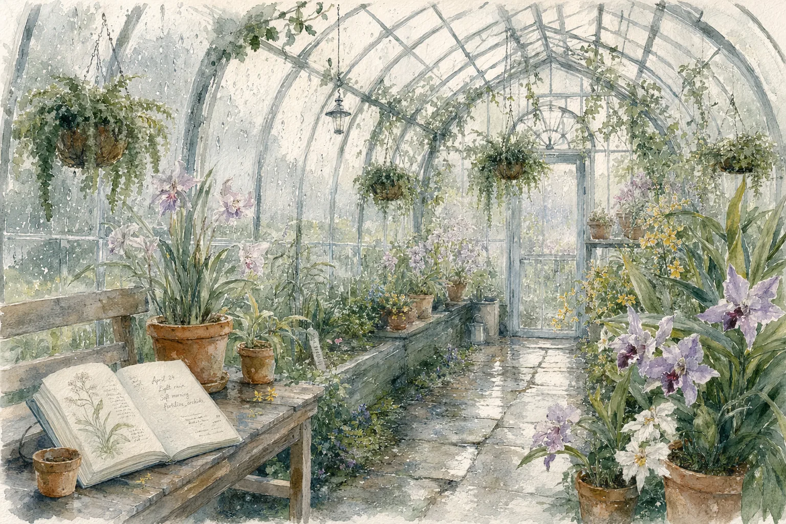 rainy botanical greenhouse