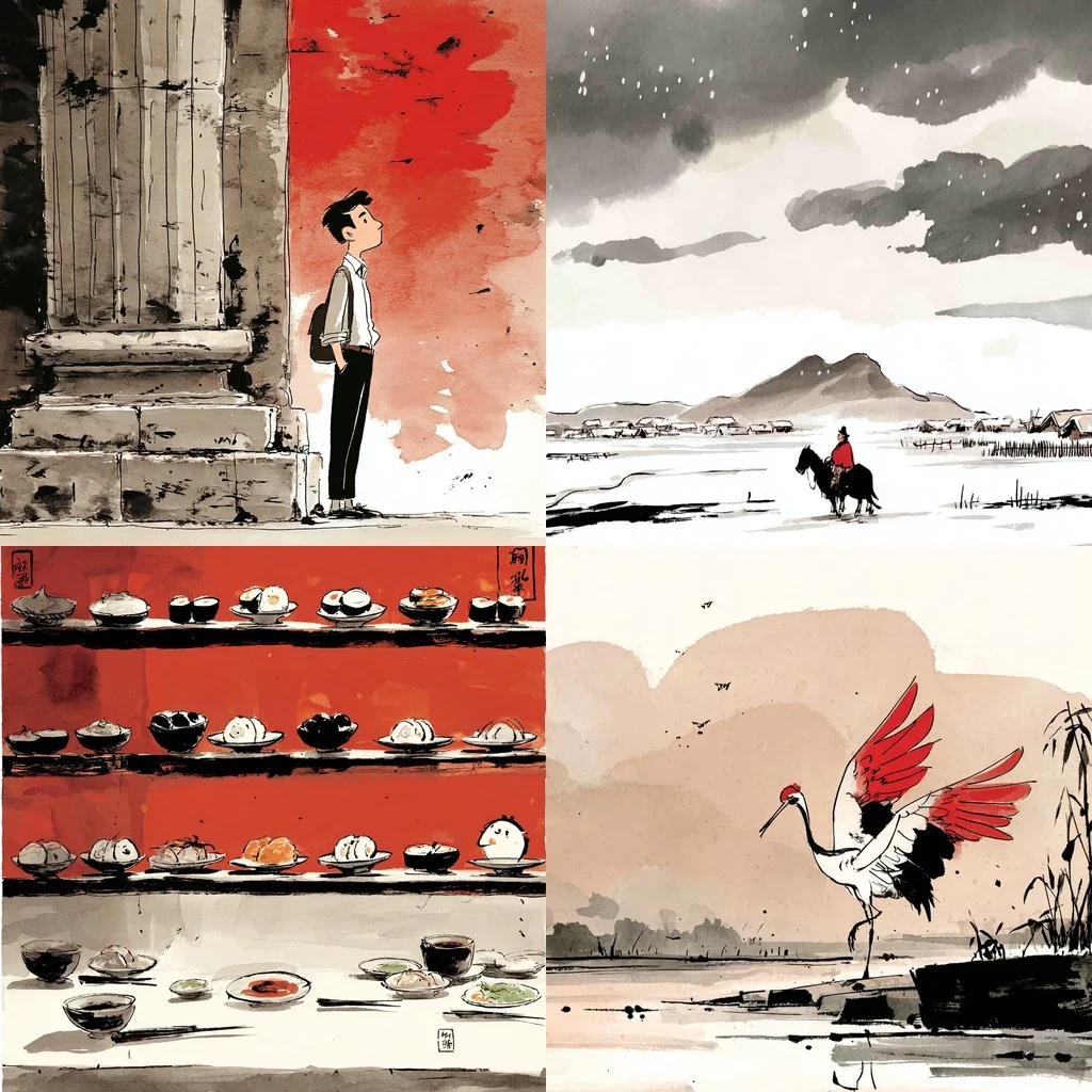 Modern Minimalist Sumi-e & Red Gouache Illustration