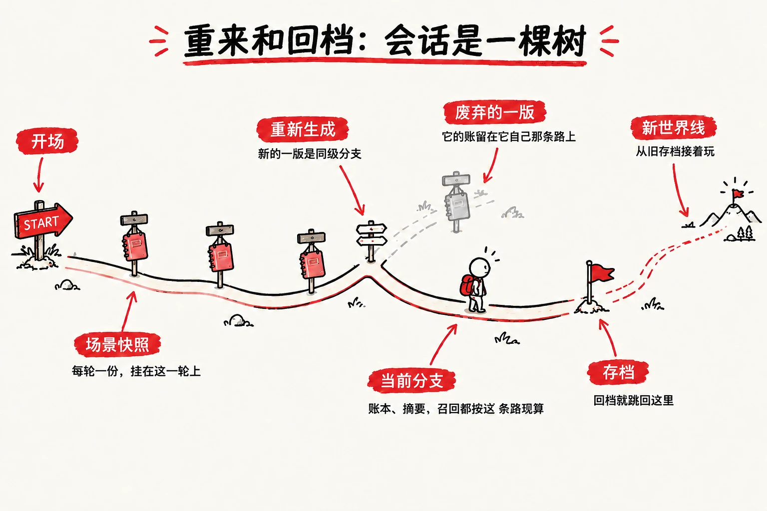 会话是一棵树:每轮挂一份场景快照,重新生成是同级分支,废弃分支的账留在原地,从存档可以分出新世界线